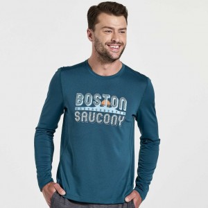 Camiseta Saucony Stopwatch Graphic Long Sleeve Hombre Azules | COLOMBIA-XKJH