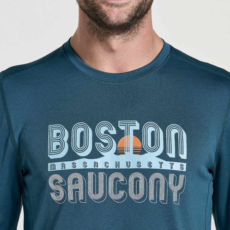 Camiseta Saucony Stopwatch Graphic Long Sleeve Hombre Azules | COLOMBIA-XKJH