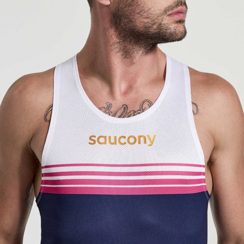 Camiseta Tirantes Saucony Elite Singlet Hombre Blancas Azul Marino | COLOMBIA-NPFY